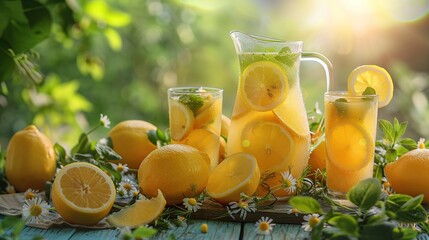 Fototapeta premium Refreshing Summer Lemonade with Lemons and Mint
