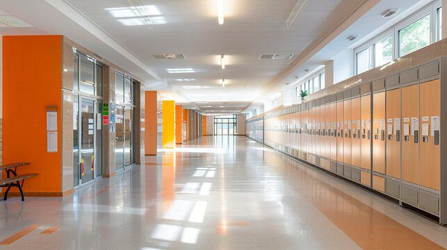 Empty bright school corridor in school or college. Beginning of lessons, education concept