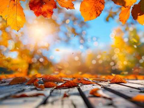 Beautiful autumn background with a wooden table and blurred orange leaves on a blue sky on a sunny day, in the style of product display montage template.