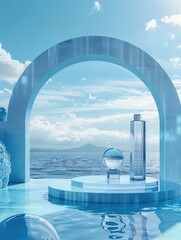 A still life of a pool with a sculpture and a mirror reflecting the surroundings