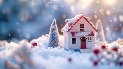 Naklejka premium Snow covered miniature house representing winter holidays and family warmth