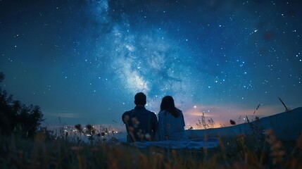 Couple sharing a blanket under the stars, stargazing, intimate