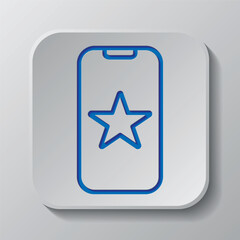 Mobile phone with star, app rate simple icon vector. Flat design. Paper cut design. Cutted blue symbol with shadow. Gray badge button, gray background