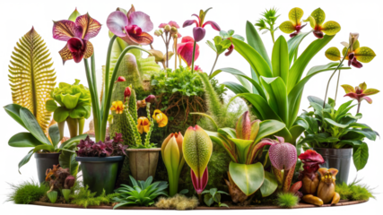 Rare and exotic plants like orchids and carnivorous plants on a transparent background.