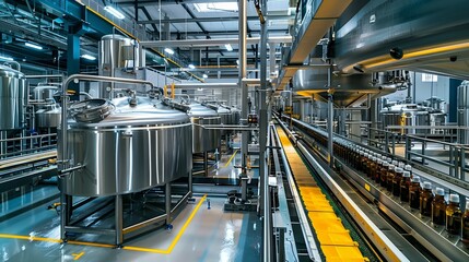 Fototapeta premium A serene, high-tech microbrewery with large brewing tanks and conveyor belts expertly bottling craft beer.