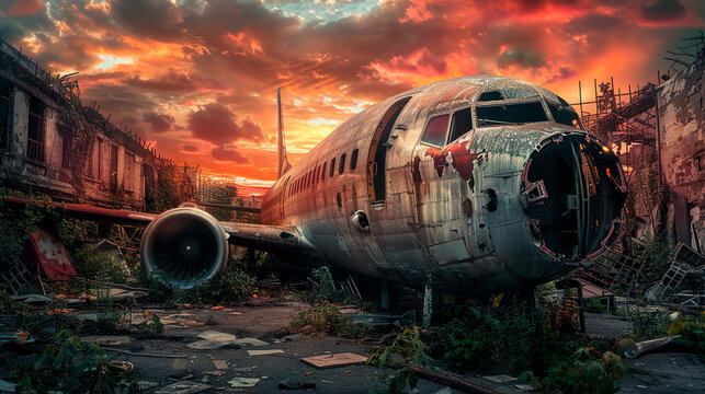Post-apocalyptic landscape. The wreckage of the plane crashed in the desert