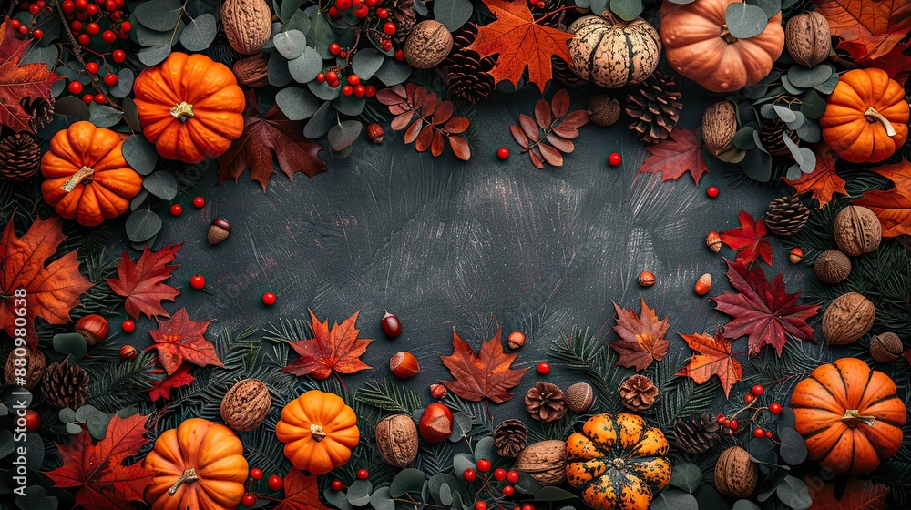 Wall mural happy thanksgiving day background autumn frame,pumpkins fall leaves berries walnuts acorns on wooden