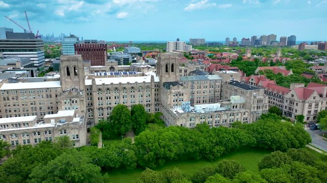 Drone Aerial View of Buildings of University of Chicago and Midway Plaisance Park in Chicago 4K