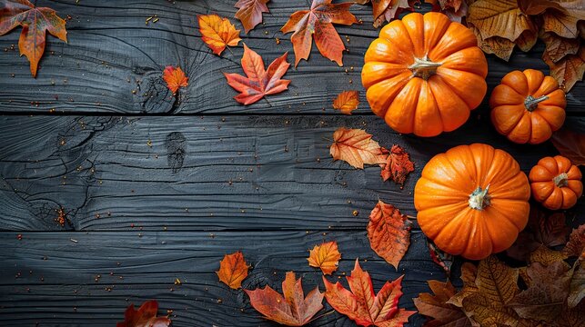 happy thanksgiving day concept autumn composition,ripe orange pumpkins fallen leaves on rustic wooden table flat lay top view copy space