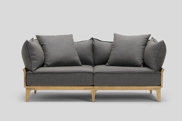 sofa couch settee chesterfield grey colors with chaise longe isolated on white background with shadow reflection. Corner settee sofa with pillows on wooden legs on grey backdrop. Clipping path.