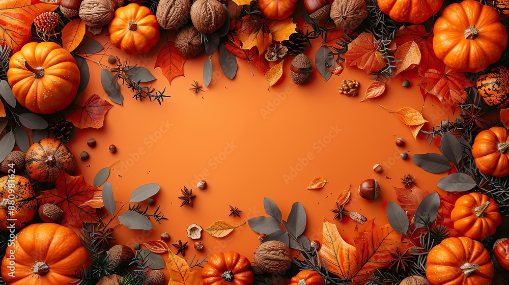 Wall mural happy thanksgiving day postcard design flat lay composition,pumpkins dry leaves acorns walnuts on or