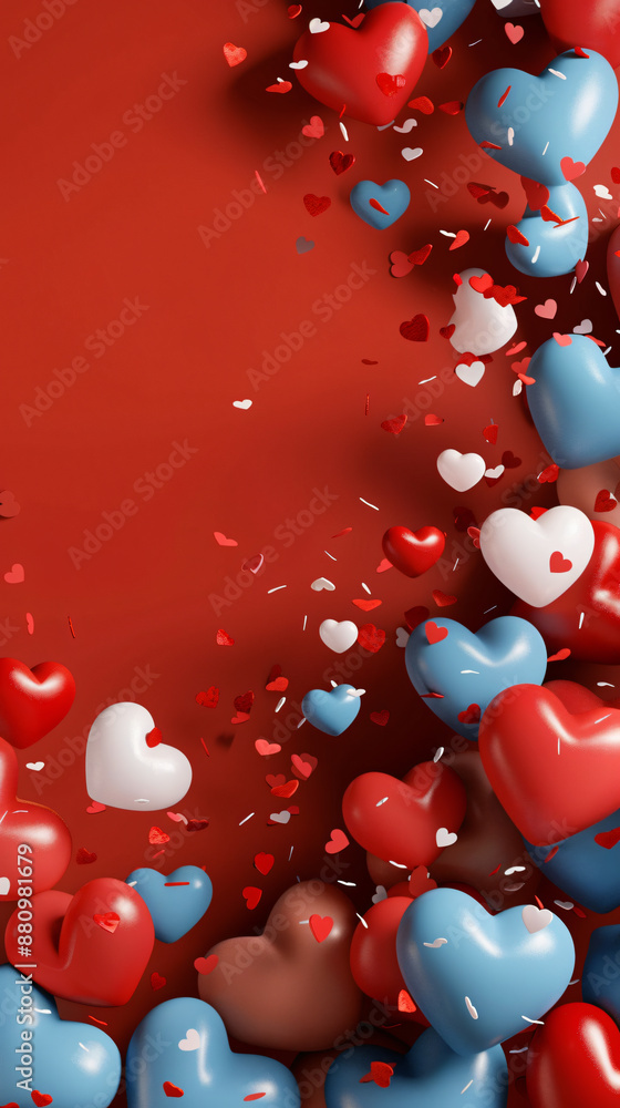 Poster 3d rendering valentine background on red color with valentine hearts decoration and empty space for 