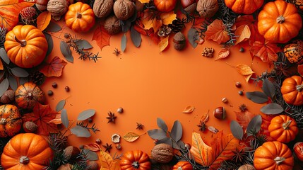 happy thanksgiving day postcard design flat lay composition,pumpkins dry leaves acorns walnuts on orange background autumn fall concept