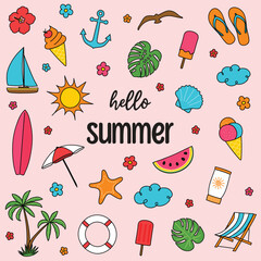 Colourful summer icon set. Hello Summer. Vector illustration