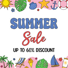 Poster with colourful vacation icons. Summer Sale background. Vector illustration