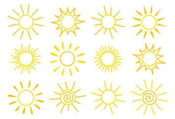 Hand drawn sun icon collection. Summer design. Vector illustration