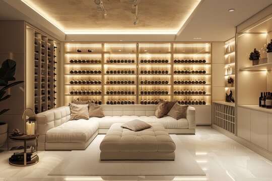 A sophisticated wine cellar with white shelving and soft lighting, displaying an extensive collection of fine wines. Interior background, house model
