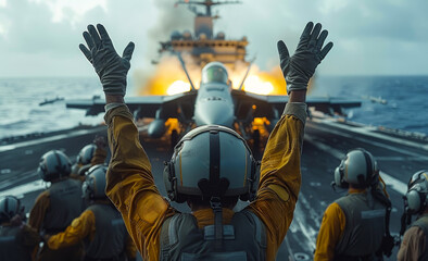 Aircraft Launch From Aircraft Carrier. A group of military personnel watch as an aircraft launches from the deck of an aircraft carrier.