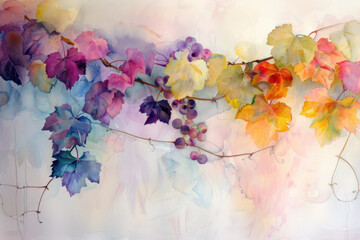 Colorful watercolor foliage, leaves and vines on light background