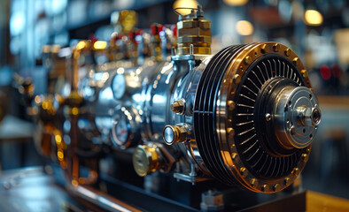 Closeup of a Polished Metal Engine. A close-up of a polished metal engine with a fan, gauges, and brass accents.