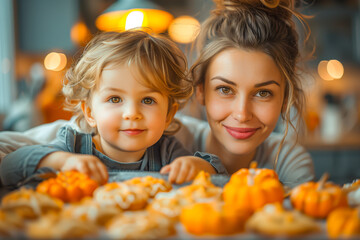 Mom and son baking pumpkin pies for Halloween
