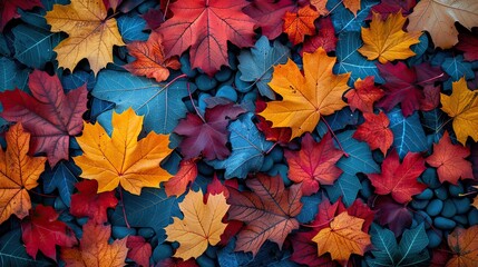 heap of maple leaves flat lay top view autumn background