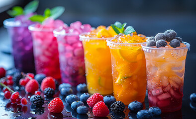 Colorful Fruit-Infused Drinks With Ice. A close-up of a row of colorful fruit-infused drinks with...