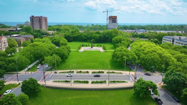 Drone Aerial of Masaryk Monument in Midway Plaisance Park in Chicago 4K