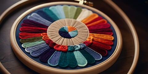 Vivid threads on embroidery hoops, a kaleidoscope of colors creating a dynamic textile display.
