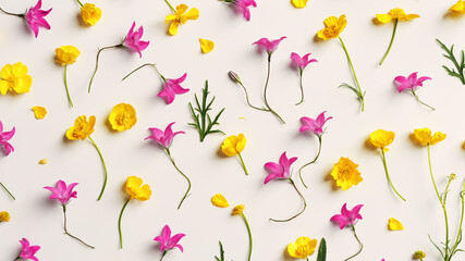 Top view pattern of close up natural wild flowers, green leaf as pastel beige banner, floral blossom background, minimal flat lay. Beautiful nature meadow flowers, summer flowery concept