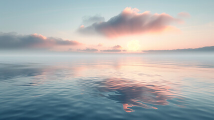 Tranquil Sunrise Over Misty Ocean with Soft Pink & Blue Clouds