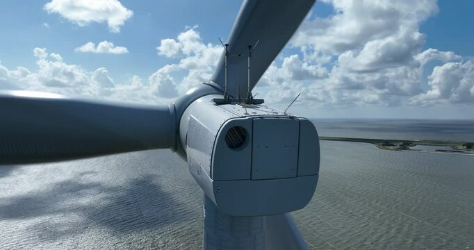 Wind turbine, wind mill close up aerial view. Sustainable generation of electricity.