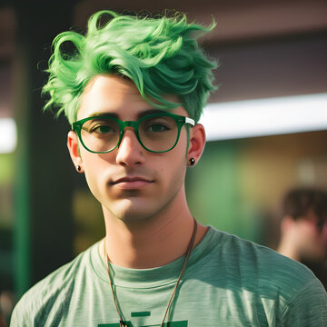 Un chico con estilo vintage: lentes y cabello verde al estilo retro. muy encantador