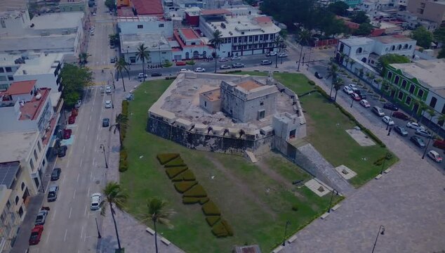 Aerial view of "El Baluarte de Santiago", Santiagos Bulwark of the old wall fortification of Veracruz old town in Mexico.