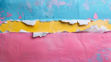 Vibrant abstract artwork featuring textured layers of blue, yellow, and pink paint with visible brush strokes and a torn paper effect.