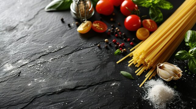 Eyecatching Top view uncooked pasta with wooden spoon ingredients and copy space