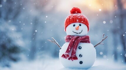 Fototapeta premium A Christmas snowman in a fairy forest with a place for text.