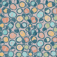 Seamless abstract geometric pattern. Blue, yellow, pink, green, grey. Lines, ovals, dots. Digital brush strokes background. Design for textile fabrics, wrapping paper, background, wallpaper, cover.