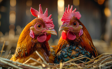 Fototapeta premium Two Hens In A Nest. Two hens are perched on a nest of hay, facing each other.