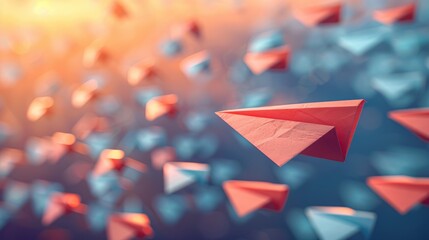 Depiction of business leadership and success with a large  paper airplane prominently flying ahead of numerous small