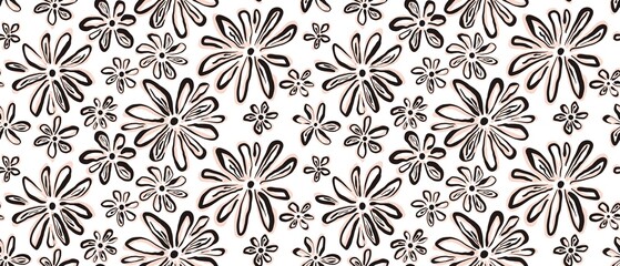 Seamless abstract botanical pattern. Simple background with black, pink, white texture. Digital brush strokes. Flowers. Design for textile fabrics, wrapping paper, background, wallpaper, cover.