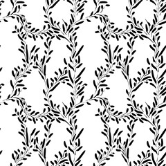 Seamless abstract botanical pattern. Simple background with black, white texture. Digital brush strokes. Plants. Design for textile fabrics, wrapping paper, background, wallpaper, cover.