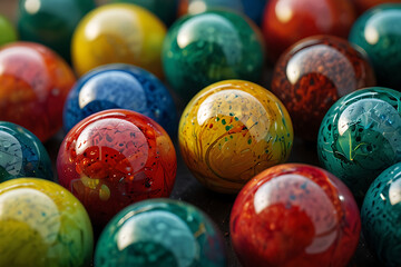Vividly Colored Marbles with Intricate Patterns in a Green Environment.