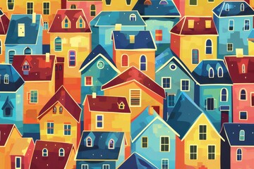 Fototapeta premium A vibrant, colorful illustration of stacked urban houses in a variety of warm tones against a soft orange background..