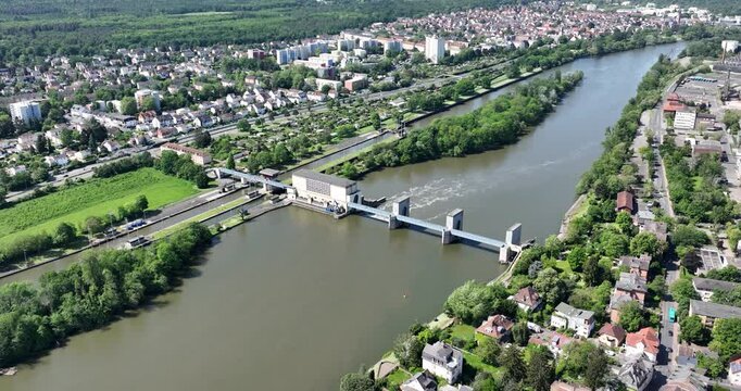 Griesheim Dam near Frankfurt on the river Main, Germany. Aerial view.