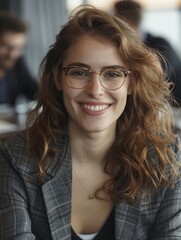 Obraz premium A happy woman wearing glasses smiles directly into the camera lens
