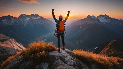 Obraz premium Solo Sunrise Summit: Climber Triumphs on Mountain Peak