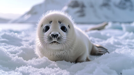 White seal baby on snow in ice