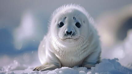 White seal on the snow in nature