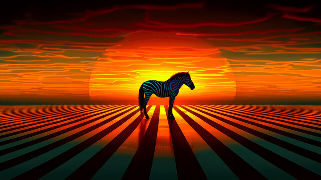 Surreal zebra silhouette against a vibrant sunset background with artistic stripes creating a mesmerizing and abstract visual effect.